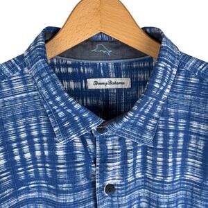 Tommy Bahama Mens XXL 100% Silk Short Sleeve Grid Print Shirt Blue Button Down
